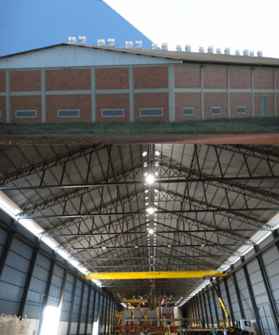 Exaustores eólicos Cycloar instalados na cobertura de um galpão industrial